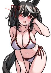 Rule 34 | 1girl, animal ears, arm up, armpits, bikini, black hair, blush, breasts, commentary request, ear ornament, gluteal fold, hair between eyes, hair ornament, heart, highres, horse ears, horse girl, horse tail, kibihimi, kitasan black (umamusume), large breasts, leaning forward, looking at viewer, multicolored hair, open mouth, red eyes, short hair, side-tie bikini bottom, simple background, smile, solo, streaked hair, swimsuit, tail, teeth, two side up, umamusume, unfinished, upper teeth only, wet, white background, white bikini, white hair