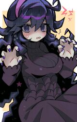 Rule 34 | 1girl, @ @, absurdres, ahoge, alternate breast size, black hair, blush, breasts, claw pose, commentary request, creatures (company), dress, flying sweatdrops, game freak, grizzace, hair between eyes, hairband, hands up, hex maniac (pokemon), highres, long hair, long sleeves, looking at viewer, medium breasts, nail polish, nervous, nintendo, open mouth, pokemon, pokemon xy, purple eyes, purple hairband, purple nails, solo, star (symbol)