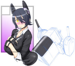 Rule 34 | 10s, 1girl, black hair, blush, breast suppress, breasts, cannon, circle cut, cleavage, eyepatch, fingerless gloves, gloves, headgear, huge breasts, kantai collection, necktie, personification, short hair, solo, st.germain-sal, sweatdrop, sweater, tenryuu (kancolle), v-neck, yellow eyes