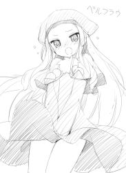 Rule 34 | 1girl, belfraw martini, blush, character name, greyscale, kani biimu, long hair, looking at viewer, monochrome, open mouth, simple background, sketch, solo, summon night, summon night 3, white background