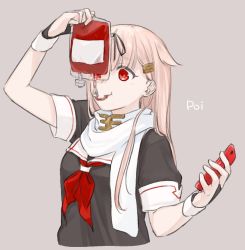 Rule 34 | 1girl, bad id, bad twitter id, black gloves, blonde hair, blood, blood bag, breasts, cellphone, cropped torso, drinking, drinking blood, fingerless gloves, gloves, hair flaps, hair ornament, hair ribbon, hairclip, holding, holding phone, kantai collection, long hair, mai (maika 04), neckerchief, phone, red eyes, red neckerchief, ribbon, sailor collar, scarf, school uniform, serafuku, short sleeves, simple background, smartphone, solo, white scarf, yuudachi (kancolle), yuudachi kai ni (kancolle)