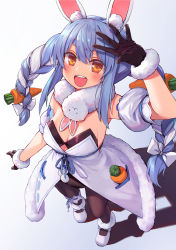 Rule 34 | 1girl, :d, animal ear fluff, animal ears, bare shoulders, black leotard, black pantyhose, blue hair, blush, braid, breasts, bridal garter, carrot hair ornament, cleavage, clothing cutout, coat, coat dress, don-chan (usada pekora), dress, food-themed hair ornament, from above, full body, fur-trimmed coat, fur scarf, fur trim, hair ornament, highres, hikimayu, hololive, kyou-chan, legwear garter, leotard, leotard under clothes, long hair, looking at viewer, mary janes, medium breasts, multicolored hair, open mouth, orange eyes, pantyhose, playboy bunny, rabbit ears, scarf, shadow, shoes, short eyebrows, sidelocks, single legwear garter, smile, solo, strapless, strapless coat, strapless dress, strapless leotard, swept bangs, teeth, thick eyebrows, twin braids, twintails, two-tone hair, underboob cutout, upper teeth only, usada pekora, usada pekora (1st costume), virtual youtuber, waving, white background, white coat, white footwear, white hair, white scarf