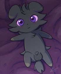 Rule 34 | 1boy, 2017, animal ears, arms up, bed sheet, blush, blush stickers, creatures (company), dated, espurr, expressionless, from above, full body, furry, furry male, game freak, gen 6 pokemon, looking at viewer, lying, male focus, nintendo, nude, on back, penis, pokemon, pokemon (creature), pokemon xy, purple background, purple eyes, signature, simple background, solo, spread legs, tail, testicles, text focus, uncensored, zeklullaby
