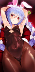 Rule 34 | 1girl, animal ear fluff, animal ears, armpits, arms up, bare arms, bed sheet, black gloves, blue hair, bow, braid, breasts, brown leotard, brown pantyhose, carrot hair ornament, closed mouth, commentary request, covered navel, cowboy shot, eyes visible through hair, food-themed hair ornament, from above, fur-trimmed gloves, fur trim, gloves, hair between eyes, hair bow, hair ornament, head tilt, highleg, highleg leotard, highres, hololive, leotard, long hair, looking at viewer, lying, mizuno kurage, multicolored hair, on back, orange eyes, pantyhose, playboy bunny, rabbit-shaped pupils, rabbit ears, rabbit girl, rabbit tail, shiny clothes, shiny skin, short eyebrows, sidelocks, small breasts, smile, solo, strapless, strapless leotard, symbol-shaped pupils, tail, thick eyebrows, thigh gap, twin braids, twintails, twitter username, two-tone hair, usada pekora, usada pekora (1st costume), virtual youtuber, white bow, white hair