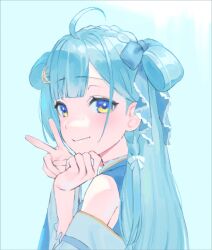 Rule 34 | 1girl, ahoge, amaui, blue background, blue bow, blue hair, blue kimono, blunt bangs, bow, braid, closed mouth, commentary, crescent, crescent hair ornament, crown braid, frikulu, hair bow, hair ornament, highres, japanese clothes, kimono, long hair, long sleeves, looking at viewer, medium bangs, nanashi inc., off shoulder, purple eyes, side braid, smile, solo, upper body, v, virtual youtuber, white bow