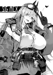 Rule 34 | 1girl, ascot, belt, breasts, buckle, character name, collared shirt, earrings, eyewear on head, girls&#039; frontline, gloves, greyscale, hair ornament, hairclip, heart, heart earrings, highres, iapoc, jacket, jewelry, large breasts, long hair, mole, mole under eye, monochrome, open clothes, open jacket, open mouth, police, police uniform, safety glasses, shirt, shirt tucked in, sig mcx (girls&#039; frontline), simple background, skirt, smile, snap-fit buckle, solo, taser, uniform, utility belt