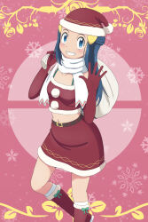 Rule 34 | 1girl, absurdres, alternate costume, belt, blue eyes, blush, boots, breasts, commentary, creatures (company), dawn (pokemon), elbow gloves, game freak, gloves, grin, hair ornament, hairclip, hands up, hat, highres, holding, holding sack, long hair, looking at viewer, navel, nintendo, pokemon, pokemon (anime), pokemon dppt (anime), red footwear, red gloves, red hat, red shirt, red skirt, sack, santa costume, santa hat, scarf, scarletsky, shirt, skirt, sleeveless, sleeveless shirt, small breasts, smile, snowflakes, socks, solo, teeth, white scarf, white socks