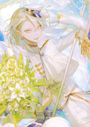 Rule 34 | 1boy, bouquet, earrings, flower, grey eyes, hat, highres, hugging object, jewelry, lily (flower), long hair, long sleeves, looking at viewer, male focus, original, shirt, solo, sowanai, white flower, white hair, white shirt