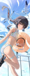 Rule 34 | 1girl, absurdres, bikini, bird, black hair, blue archive, blue sky, blunt bangs, blush, braid, closed mouth, cloud, commentary request, feet out of frame, flat chest, floating hair, halo, hat, hidulume, highres, leaf print, looking at viewer, miyu (blue archive), miyu (swimsuit) (blue archive), official alternate costume, outdoors, partial commentary, railing, red eyes, ribbon, shadow, sidelocks, sky, solo, spaghetti strap, stomach, sun hat, swimsuit, thigh strap, twin braids, white bikini, white ribbon
