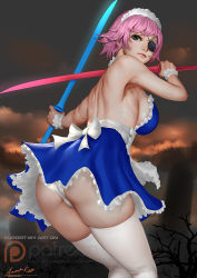 Rule 34 | 1girl, ariverkao, ass, backless dress, backless outfit, blue eyes, breasts, dated, dress, dual wielding, eyepatch, frilled dress, frills, holding, holding sword, holding weapon, large breasts, lips, looking at viewer, maid headdress, original, panties, patreon logo, pink hair, short hair, signature, solo, sword, thighhighs, underwear, weapon, white panties, white thighhighs, wrist cuffs