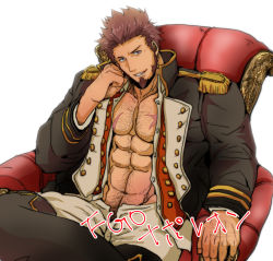 Rule 34 | 1boy, abs, bara, blue eyes, boots, brown hair, cannon, collar, cross scar, elbow rest, epaulettes, facial hair, fate/grand order, fate (series), fringe trim, goatee, hairy, jacket, large pectorals, leg lift, long sideburns, long sleeves, male focus, military, military uniform, muscular, napoleon bonaparte (fate), navel hair, open clothes, open jacket, open pants, open shirt, pants, pectorals, scar, scar on chest, short hair, sideburns, simple background, smile, solo, tentenkingyo, throne, unbuttoned, uniform, white background