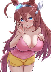 Rule 34 | 1girl, absurdres, ahoge, alternate costume, animal ears, bare shoulders, blue eyes, blush, breasts, camisole, casual, cleavage, commentary request, cowboy shot, ear ornament, hair between eyes, hair ornament, hairclip, headband, highres, horse ears, horse girl, horse tail, large breasts, looking at viewer, mihono bourbon (umamusume), open mouth, parted lips, pink camisole, ririsu082, shorts, solo, spaghetti strap, strap slip, tail, umamusume, whispering, white background, yellow shorts