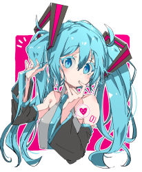 Rule 34 | 1girl, 3774., ^^^, ahoge, aqua eyes, aqua hair, aqua necktie, bare shoulders, black sleeves, commentary, cropped torso, detached sleeves, finger to mouth, grey shirt, hair ornament, hand in own hair, hatsune miku, heart, long hair, necktie, shirt, shoulder tattoo, sketch, sleeveless, sleeveless shirt, solo, spoken heart, tattoo, twintails, upper body, vocaloid