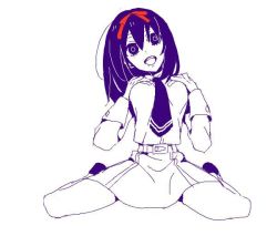 Rule 34 | 1girl, artist request, atlus, bow, breasts, clothes, groping, hands on own chest, kneeling, looking at viewer, miniskirt, mole, monochrome, necktie, persona, persona 1, ribbon, school uniform, skirt, smile, solo, sonomura maki, usmtw