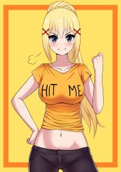 Rule 34 | 1girl, absurdres, black pants, blue eyes, blush, braid, breasts, closed mouth, clothes writing, collarbone, commentary, cowboy shot, darkness (konosuba), dot nose, english commentary, english text, hair ornament, hand on own hip, hand up, high ponytail, highres, kono subarashii sekai ni shukufuku wo!, large breasts, long hair, looking at viewer, navel, orange shirt, pants, shirt, short sleeves, simple background, smile, solo, t-shirt, the only shoe, v-shaped eyebrows, x hair ornament, yellow background