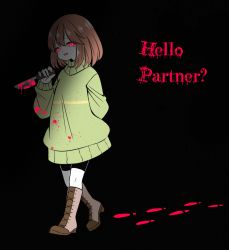 Rule 34 | androgynous, bad id, bad pixiv id, bike shorts, black background, blood, blood on clothes, bloody knife, bloody weapon, boots, brown hair, chara (undertale), cross-laced footwear, english text, footprints, full body, gender request, glowing, glowing eyes, highres, knee boots, knife, lace-up boots, luvruby, open mouth, pink blood, pink eyes, reverse grip, shade, simple background, solo, spoilers, static, striped clothes, striped sweater, sweater, turtleneck, undertale, weapon