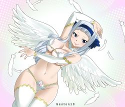 Rule 34 | 1girl, angel (fairy tail), bikini, blue eyes, breasts, cleavage, colorized, eden&#039;s zero, fairy tail, gaston18, highres, large breasts, long hair, mashima hiro, navel, stomach, swimsuit, tagme, thighhighs, thighs, underboob, white bikini, white thighhighs, wide hips