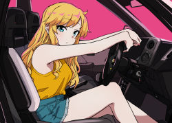 Rule 34 | 1girl, bare arms, bare legs, bare shoulders, blonde hair, blue eyes, car interior, closed mouth, commentary request, denim, denim shorts, driving, highres, idolmaster, idolmaster cinderella girls, igo miku, light blush, long hair, looking at viewer, ohtsuki yui, pink background, shorts, solo, tank top, toyota, toyota sprinter trueno, toyota sprinter trueno, yellow tank top