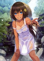 Rule 34 | 1girl, absurdres, animal, bare shoulders, blue eyes, breasts, brown hair, cleavage, collarbone, crab, day, dengeki moeou, dress, flower, grin, hair between eyes, hair flower, hair ornament, hand on own knee, hat, unworn hat, unworn headwear, highres, holding, holding animal, incoming gift, leaning forward, legs apart, long hair, looking at viewer, medium breasts, nature, nidy, no bra, original, outdoors, outstretched hand, rock, scan, see-through, see-through silhouette, smile, solo, sparkle, standing, strap slip, straw hat, stream, sun hat, sundress, tan, tanline, tree, very long hair, wading, water, wet, wet clothes, wet dress, white dress