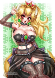 Rule 34 | 1girl, bare shoulders, blonde hair, bowsette, breasts, cleavage, collar, collarbone, detached sleeves, earrings, fangs, fishnets, horns, jewelry, large breasts, lips, long hair, mario (series), new super mario bros. u deluxe, nintendo, ponytail, red eyes, see-through, sevie, solo, spiked collar, spikes, super crown, tail