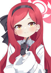 Rule 34 | 1girl, absurdres, black gloves, black hairband, blue archive, blush, collared shirt, commentary, finger to cheek, gevuxx, gloves, hairband, halo, headband, highres, jacket, long hair, long sleeves, looking at viewer, parted bangs, red hair, shirt, smile, solo, symbol-only commentary, takane (blue archive), upper body, white background, white jacket, white shirt, yellow eyes