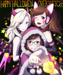 Rule 34 | 3girls, :d, ;d, animal ears, bare shoulders, bell, black-framed eyewear, black background, blonde hair, blue eyes, brown eyes, brown hair, cape, cat ears, cat tail, choker, cloak, closed mouth, collar, copyright name, d.va (overwatch), demon horns, elbow gloves, eyelashes, facial mark, fake animal ears, fingernails, fur cape, fur trim, glasses, gloves, glowing, glowing wings, grin, halloween, happy halloween, headphones, highres, holding, hood, hooded cloak, horns, jingle bell, kalua (artist), looking at viewer, mechanical wings, mei (overwatch), mercy (overwatch), multiple girls, nail polish, neck bell, one eye closed, open mouth, overwatch, overwatch 1, paw print, pink lips, pink nails, pom pom (clothes), purple wings, simple background, smile, star (symbol), stick, swept bangs, tail, teeth, turtleneck, upper body, whisker markings, wings