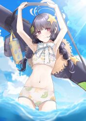 Rule 34 | 1girl, absurdres, bag, blue archive, blue sky, bottle, bow, braid, flat chest, hair ornament, halo, hat, highres, leaf print, long hair, looking at viewer, miyu (blue archive), miyu (swimsuit) (blue archive), official alternate costume, shoulder bag, sky, star (symbol), stomach, straw hat, swimsuit, twin braids, twintails, underwear, water, xiye (hmrr2738)