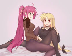 Rule 34 | absurdres, bed, black legwear, blonde hair, blue eyes, blush, breasts, fate testarossa, hair ornament, hair ribbon, hei chuan gui, highres, large breasts, looking at another, lyrical nanoha, mahou shoujo lyrical nanoha strikers, military, military uniform, multiple girls, open mouth, pantyhose, pink background, pink hair, red eyes, ribbon, signum, simple background, smile, tribadism, tribadism through clothes, tsab ground military uniform, uniform, yuri