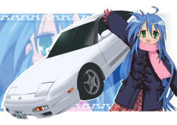 Rule 34 | 00s, 1girl, 3d, :3, ahoge, alternate costume, arm up, blue hair, car, cat, censored, coat, cowboy shot, dutch angle, fake censor, flat chest, gloves, green eyes, hair between eyes, halftone, halftone background, happy, izumi konata, long hair, long sleeves, looking at viewer, lucky star, mole, mole under eye, mosaic censoring, motor vehicle, nissan, nissan 180sx, open mouth, outline, parted bangs, pocket, scarf, sidelocks, smile, standing, vehicle, vehicle focus, very long hair, waving, winter clothes, winter coat, zoom layer