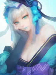 Rule 34 | 1girl, aoandon, aqua eyes, bad id, bad pixiv id, bare shoulders, blue lips, blunt bangs, breasts, cleavage, commentary request, elbow gloves, gloves, hair ornament, hand on own face, highres, hime cut, japanese clothes, kimono, lipstick, long hair, looking at viewer, makeup, miche, off shoulder, onmyoji, onmyouji, sidelocks, simple background, solo, upper body, white hair