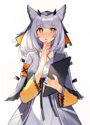 Rule 34 | 1girl, arknights, armband, blush, breasts, clipboard, coat, commentary, cowboy shot, dress, feather trim, grey coat, hand to own mouth, holding, holding clipboard, looking at viewer, medium breasts, medium hair, nail polish, open clothes, open coat, orange eyes, orange nails, owl ears, parted lips, ptilopsis (arknights), rhine lab logo, silver hair, simple background, solo, white background, white dress, yayako (804907150)