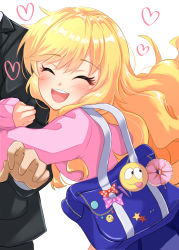 Rule 34 | 1boy, 1girl, bag, black jacket, blonde hair, blue bag, blush, closed eyes, commentary request, idolmaster, idolmaster cinderella girls, idolmaster cinderella girls starlight stage, jacket, long sleeves, namidako, ohtsuki yui, open mouth, purple jacket, sleeves past wrists, smile, solo focus, star (symbol), teeth, tongue, tongue out, upper teeth only, wavy hair