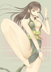 Rule 34 | 1girl, absurdres, alternate costume, alternate hairstyle, aogu, barefoot, black dress, breasts, brown hair, capcom, china dress, chinese clothes, chun-li, cleavage, dress, feet, fighting stance, highres, leg up, solo, street fighter, street fighter v