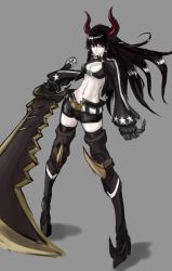 Rule 34 | 10s, 1girl, armor, black gold saw, black hair, black rock shooter, boots, breasts, claws, cleavage, highres, horns, midriff, pale skin, red eyes, shorts, solo, sword, weapon