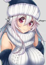 Rule 34 | 1girl, aqua hair, blush, breasts, headphones, highres, large breasts, long hair, looking at viewer, multicolored hair, nitroplus, pink eyes, pink hair, ribbed sweater, ruciferia, smile, solo, super sonico, sweater, two-tone hair