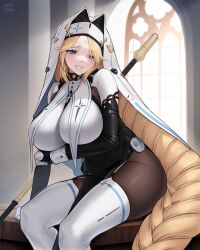 Rule 34 | 1girl, absurdres, armored bodysuit, blonde hair, blue eyes, blush, bodysuit, braid, breast curtains, breasts, bridal gauntlets, cathedral, cross, cross earrings, cross necklace, earrings, facial mark, forehead mark, furrowed brow, garter straps, gloves, goddess of victory: nikke, habit, highres, huge breasts, jewelry, long hair, looking at viewer, necklace, pantyhose, rapunzel (nikke), seductive smile, side slit, signature, single braid, smile, staff, star (symbol), svet yomi, thick thighs, thighhighs, thighs, veil, very long hair, weapon