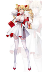 Rule 34 | 1girl, absurdres, aqua eyes, bare shoulders, blonde hair, breasts, claire harvey, cropped jacket, dress, drill hair, earrings, hair between eyes, highres, huge breasts, hundred (light novel), jewelry, long hair, long sleeves, red footwear, sleeveless, sleeveless dress, thighhighs, twin drills, white dress, white thighhighs, wsfw, zoom layer