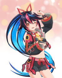 Rule 34 | 1girl, breasts, bridal gauntlets, commentary request, cropped jacket, hair ribbon, hanjo tv, harunovt, highres, jacket, kimino miya, long hair, looking at viewer, midriff, navel, one eye closed, open clothes, open jacket, open mouth, ponytail, red eyes, ribbon, skirt, solo, virtual youtuber