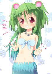 Rule 34 | 1girl, bandeau, blush, breasts, brown eyes, collarbone, green hair, grin, jewelry, long hair, looking at viewer, mermaid, monster girl, muromi-san, namiuchigiwa no muromi-san, navel, necklace, pu-en, red eyes, salute, seashell, shell, small breasts, smile, solo, teeth, twintails, two side up, vulcan salute