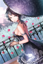 Rule 34 | 1girl, aile (crossroads), bare shoulders, black hair, breasts, dress, dutch angle, floral print, flower, frills, from side, gloves, green eyes, lace, lace-trimmed dress, lace gloves, lace trim, lips, looking away, looking back, medium breasts, original, outdoors, parasol, railing, see-through, short hair, sideboob, sleeveless, sleeveless dress, smile, solo, sword girls, umbrella