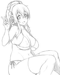 Rule 34 | 1girl, breasts, cleavage, greyscale, headphones, large breasts, lineart, long hair, looking at viewer, monochrome, navel, nitroplus, onsoku inu, open mouth, solo, super sonico, swimsuit, thighhighs, v