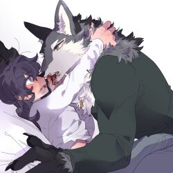 Rule 34 | 1boy, 1girl, animal ears, arm around neck, bed sheet, black hair, blood, blood from mouth, blush, body fur, claws, closed mouth, commentary request, dog tags, finger in another&#039;s mouth, furry, furry male, furry with non-furry, green eyes, green shirt, grey eyes, grey fur, grey pants, hetero, highres, interspecies, long hair, long sleeves, looking at another, lying, on back, open mouth, original, pants, pinned, rata (norahasu), shirt, simple background, tongue, tongue out, upper body, white background, white fur, white shirt, wolf boy, wolf ears