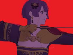 Rule 34 | 1girl, arrow (projectile), bernadetta von varley, bow (weapon), earrings, fire emblem, fire emblem: three houses, gloves, grey eyes, hair ornament, highres, jewelry, long sleeves, nintendo, parted lips, purple hair, red background, roru (lol dessin), signature, simple background, solo, upper body, weapon, yellow gloves