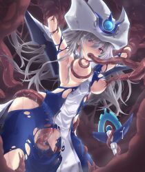 1girl blush breast_sucking breasts duel_monster energy_drain grey_hair hat highres long_hair nipples purple_eyes restrained rr_(rr2) silent_magician tabard tentacle_in_mouth tentacle_pit tentacle_sex tentacles torn_clothes variant_set white_hat white_tabard wizard_hat yu-gi-oh!