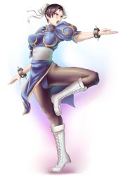 Rule 34 | 1girl, absurdres, blue dress, boots, bracelet, breasts, brown pantyhose, bun cover, capcom, china dress, chinese clothes, chun-li, cross-laced footwear, double bun, dress, eyeshadow, fighting stance, hair bun, highres, jewelry, makeup, muscular, open mouth, pantyhose, pelvic curtain, puffy short sleeves, puffy sleeves, sash, shao (newton), short sleeves, side slit, solo, spiked bracelet, spikes, standing, standing on one leg, street fighter, white footwear