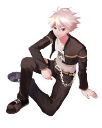 Rule 34 | 1boy, chain, earrings, jewelry, looking up, male focus, pants, red eyes, rough (talesrunner), shoes, silver hair, simple background, sitting, smile, spiked hair, talesrunner, white background