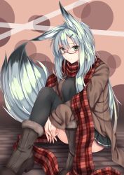 Rule 34 | 1girl, animal ears, ankle boots, black thighhighs, blush, boots, coat, fox ears, fox tail, fur-trimmed boots, fur trim, glasses, green eyes, hair between eyes, hair ornament, hairclip, highres, karakura, kitsune, long hair, looking at viewer, original, scarf, silver hair, simple background, sitting, skirt, solo, tail, thighhighs, v arms