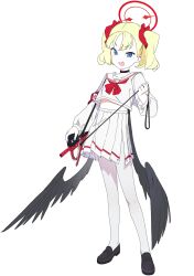 Rule 34 | 1girl, absurdres, armband, black choker, black footwear, black wings, blonde hair, blue archive, blue eyes, blush, choker, fang, feathered wings, full body, gun, hair ribbon, halo, highres, holding, holding gun, holding weapon, jiryu50610218, long sleeves, looking at viewer, low wings, open mouth, original, pantyhose, pleated skirt, red ribbon, ribbon, sailor collar, school uniform, serafuku, shirt, shoes, short twintails, simple background, skirt, solo, standing, twintails, weapon, white background, white pantyhose, white sailor collar, white shirt, white skirt, wings
