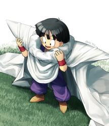 Rule 34 | 1boy, :d, armor, black eyes, black hair, borrowed clothes, cape, child, dragon ball, dragonball z, from above, grass, hal7040, male focus, open mouth, outdoors, short hair, shoulder armor, simple background, smile, solo, son gohan, standing, twitter username, wristband