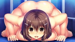 Rule 34 | 1girl, all fours, artist request, ass, breast press, breasts, brown eyes, brown hair, chain, character request, copyright request, game cg, huge breasts, nude, open mouth, prostration, solo, sweat, tagme